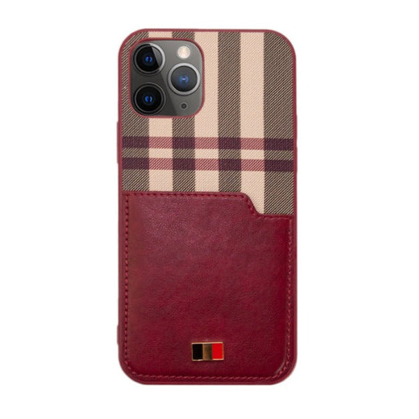 Red Check Leather Case With Pocket