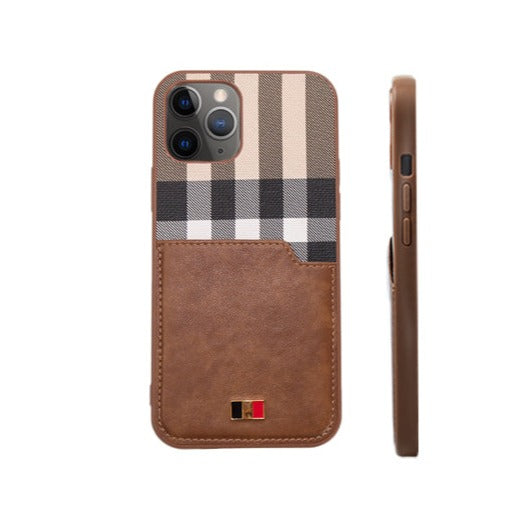 Brown Check Leather Case With Pocket